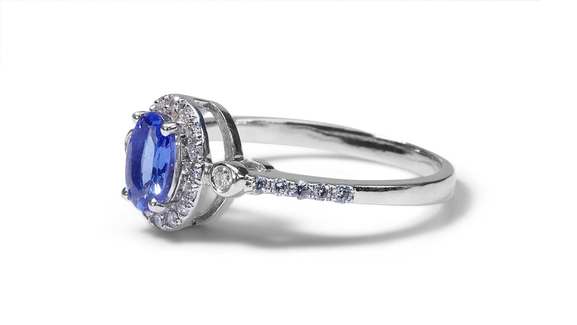 Women's Elegant White Gold Halo Ring with 0.76ct Natural Tanzanite and Diamonds-IGI Cert