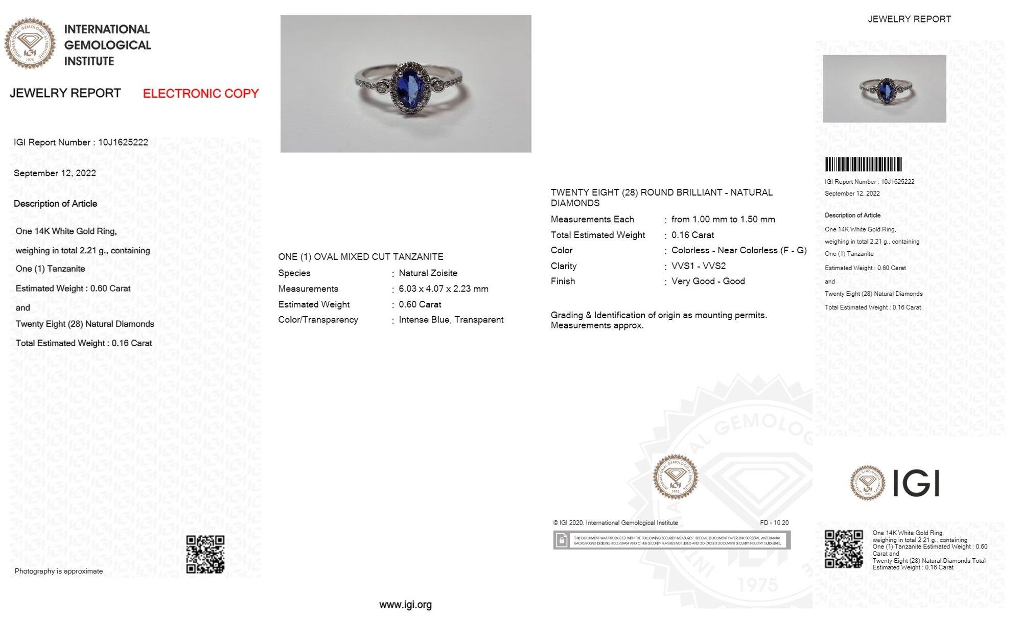Elegant White Gold Halo Ring with 0.76ct Natural Tanzanite and Diamonds-IGI Cert 3