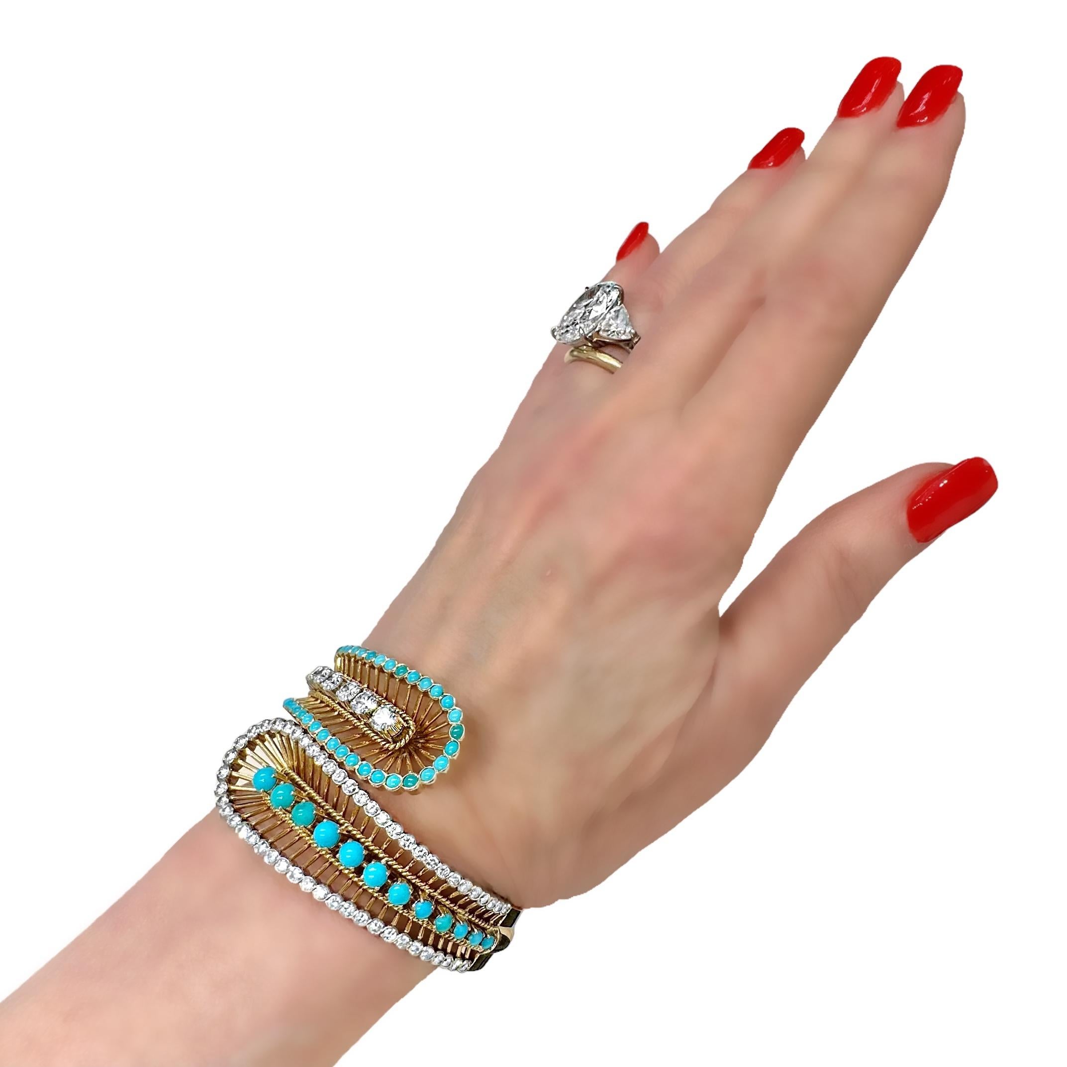 Elegant Wide Bypass Cuff in Gold, Turquoise & Diamonds by Greek Maker VOURAKIS  7