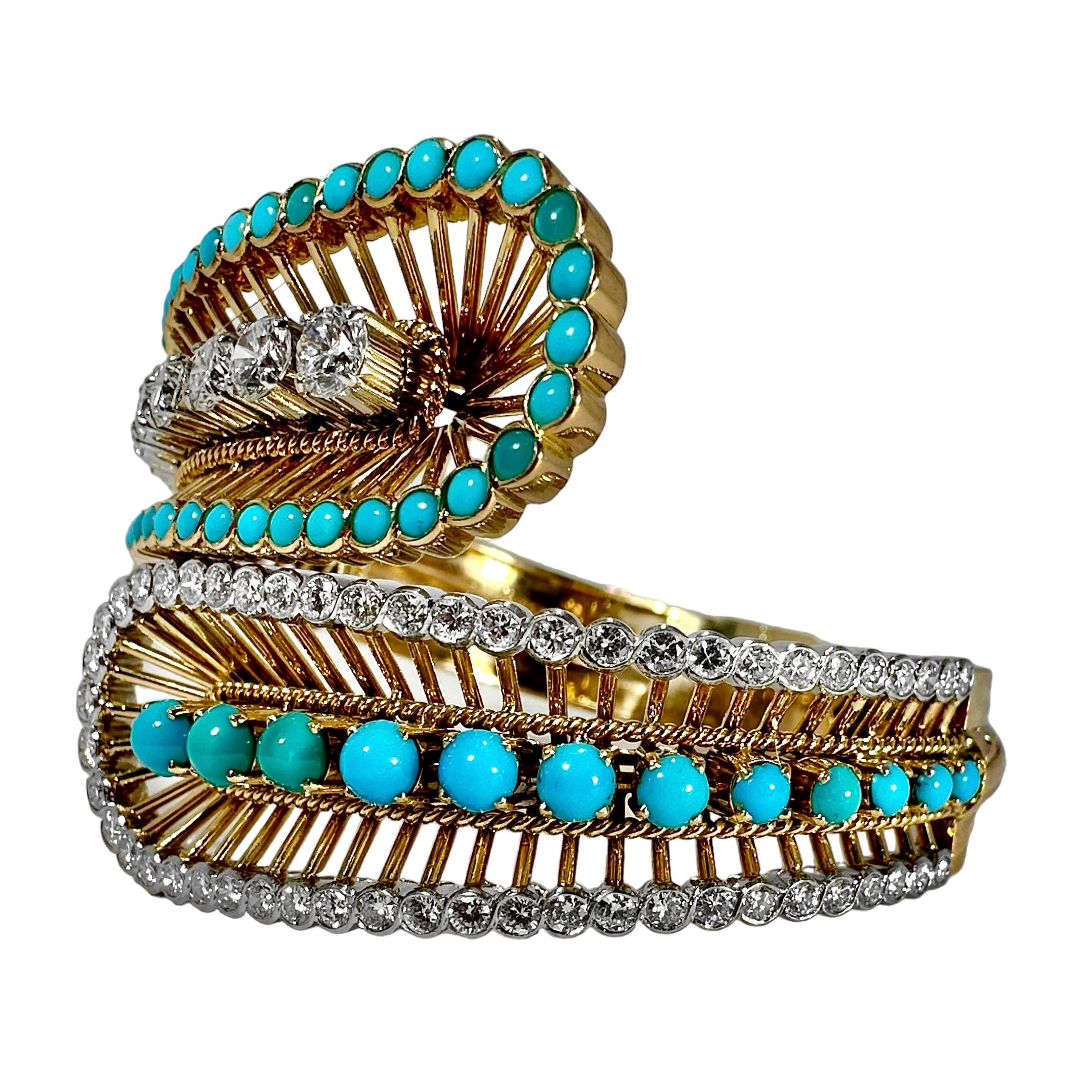Modern Elegant Wide Bypass Cuff in Gold, Turquoise & Diamonds by Greek Maker VOURAKIS