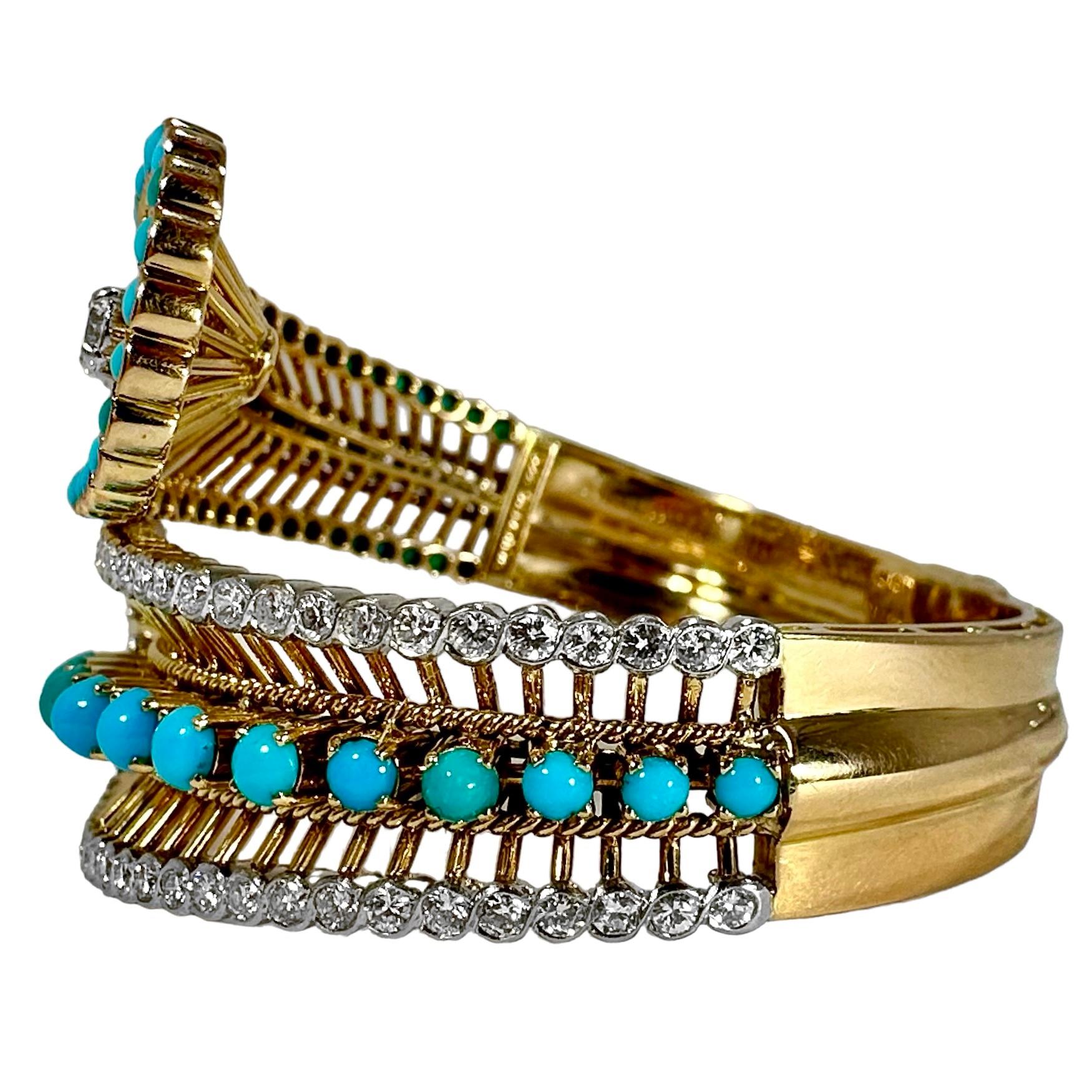 Brilliant Cut Elegant Wide Bypass Cuff in Gold, Turquoise & Diamonds by Greek Maker VOURAKIS