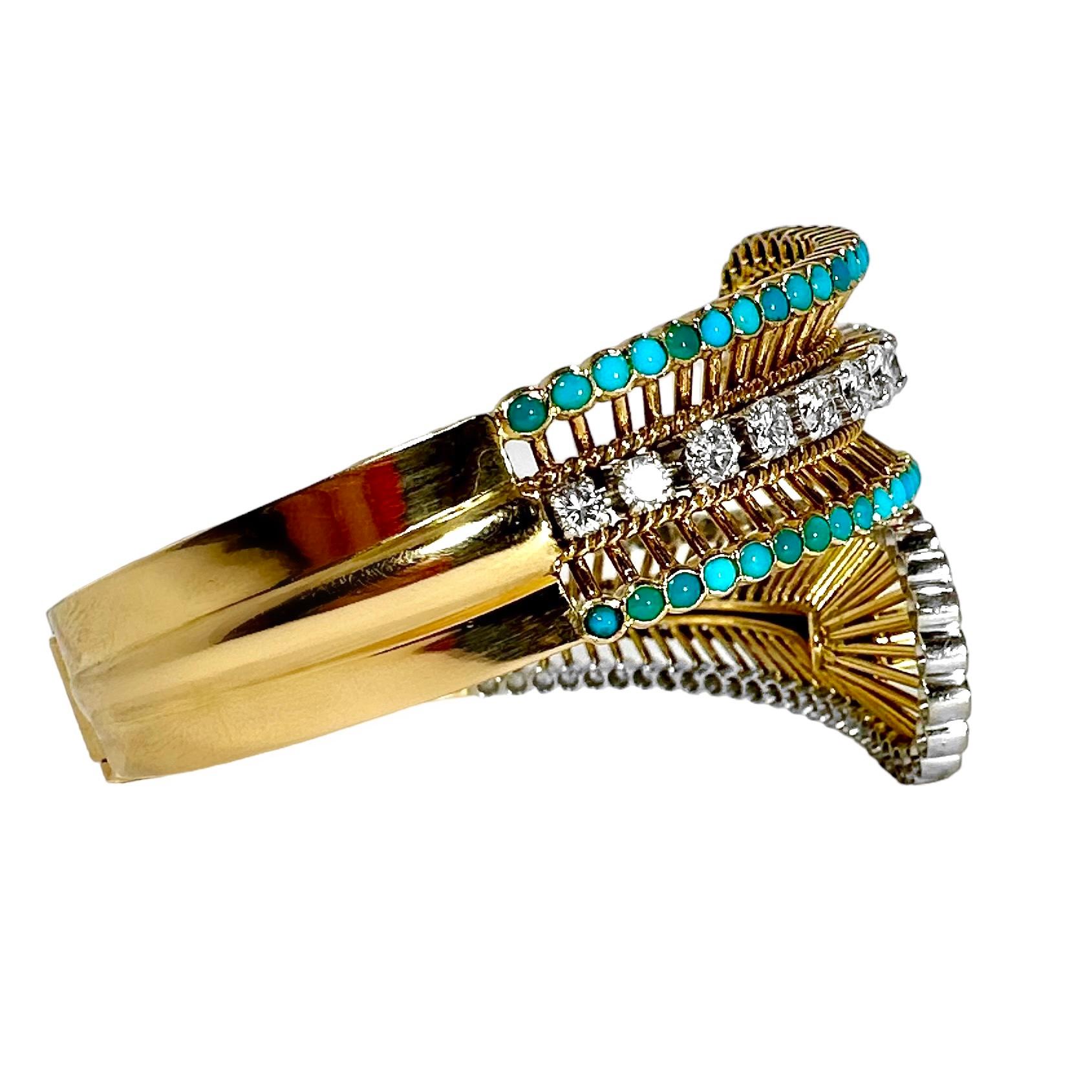 Women's Elegant Wide Bypass Cuff in Gold, Turquoise & Diamonds by Greek Maker VOURAKIS 