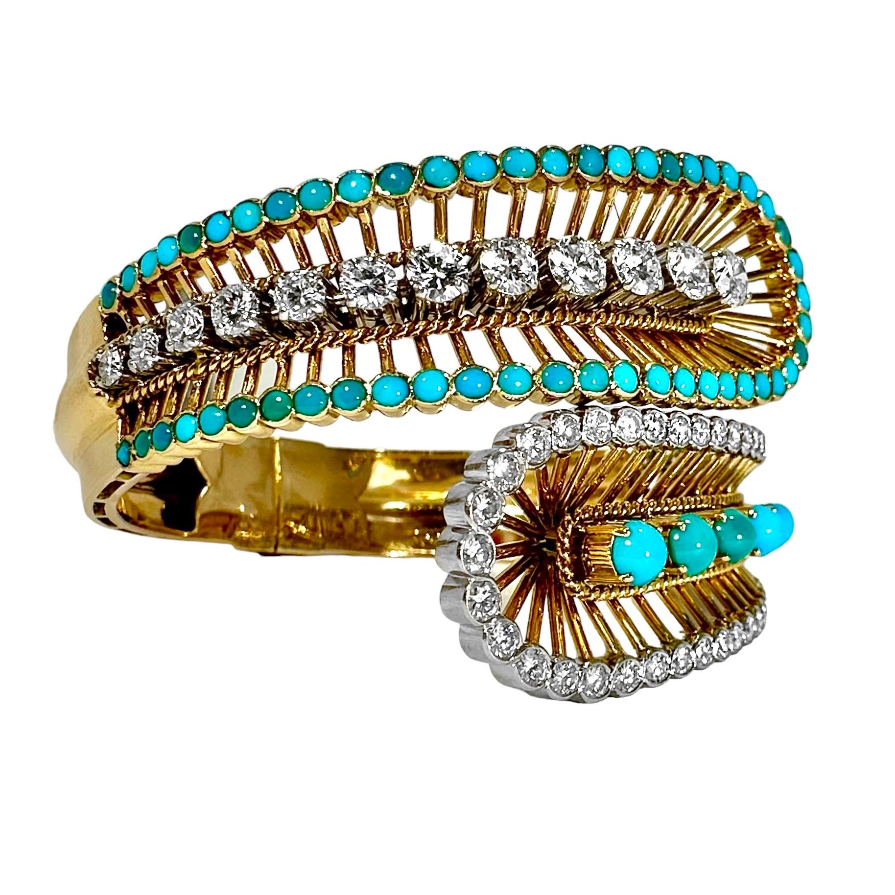 Elegant Wide Bypass Cuff in Gold, Turquoise & Diamonds by Greek Maker VOURAKIS  1