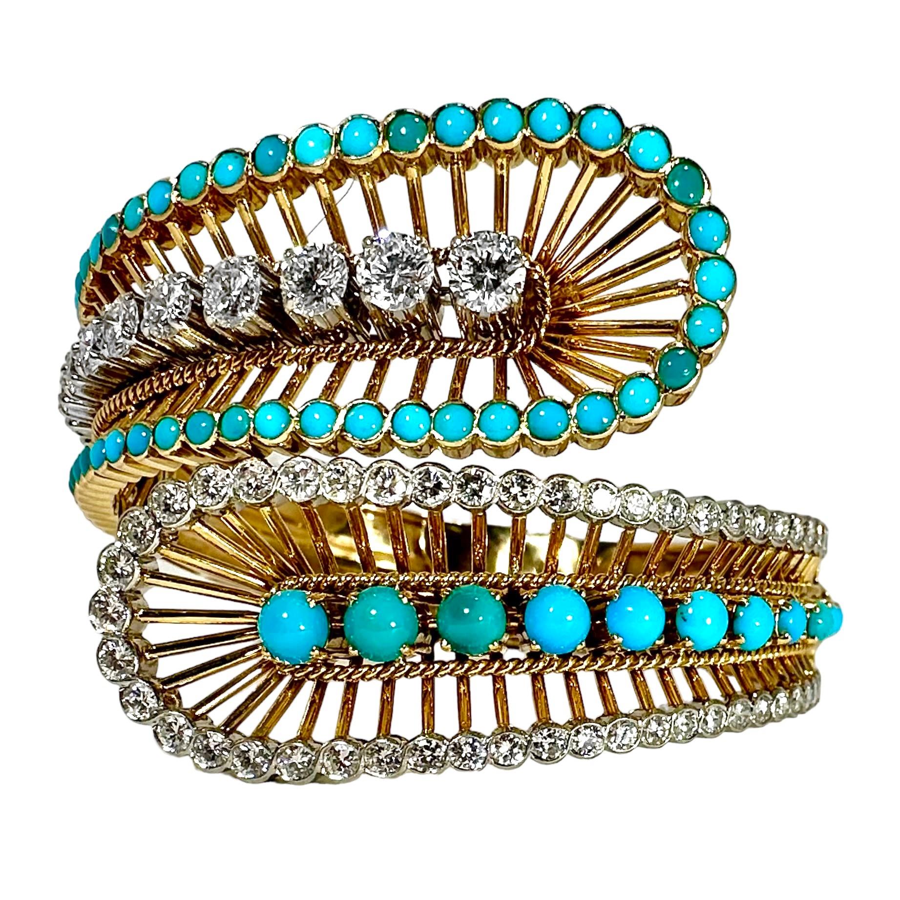 Elegant Wide Bypass Cuff in Gold, Turquoise & Diamonds by Greek Maker VOURAKIS  2