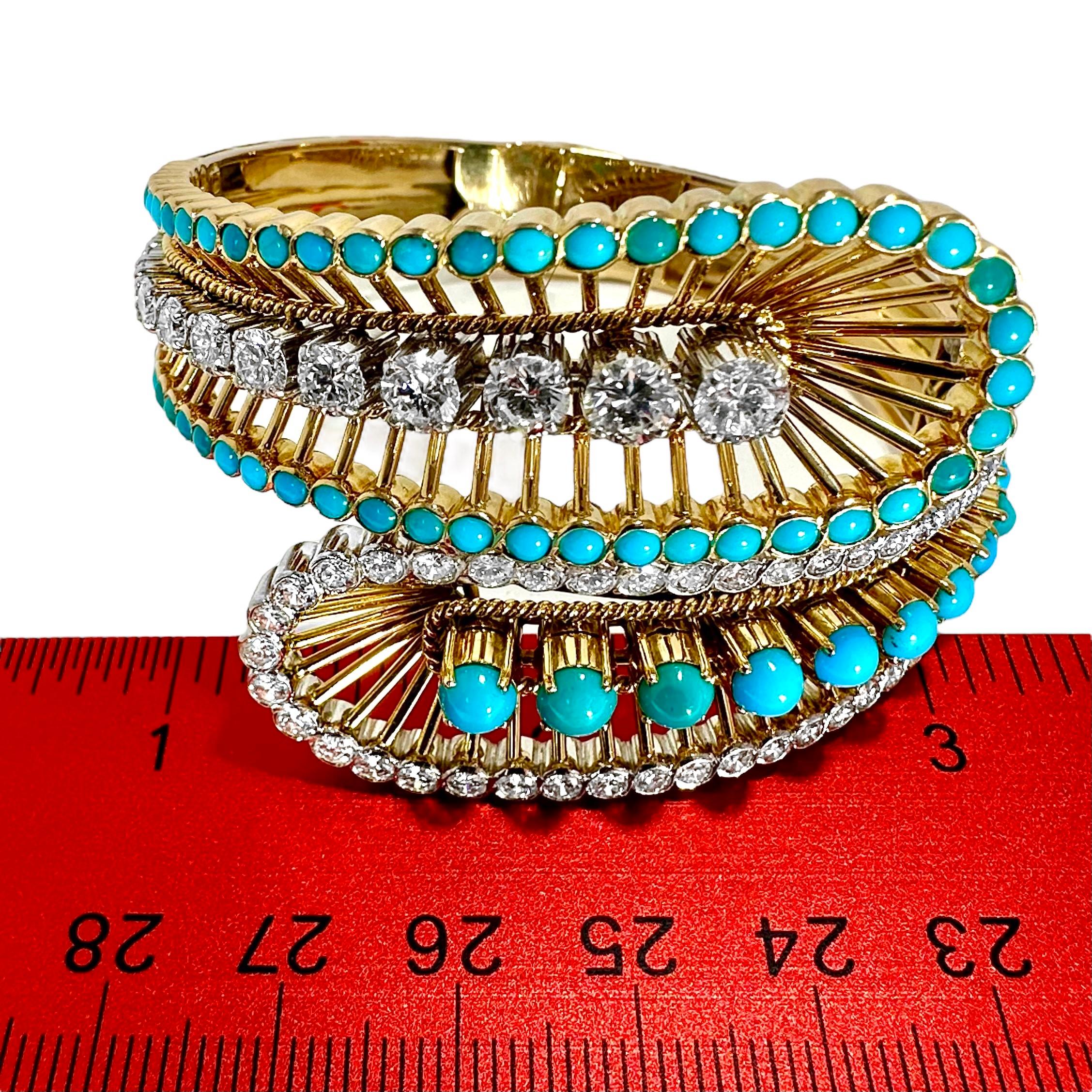 Elegant Wide Bypass Cuff in Gold, Turquoise & Diamonds by Greek Maker VOURAKIS  3