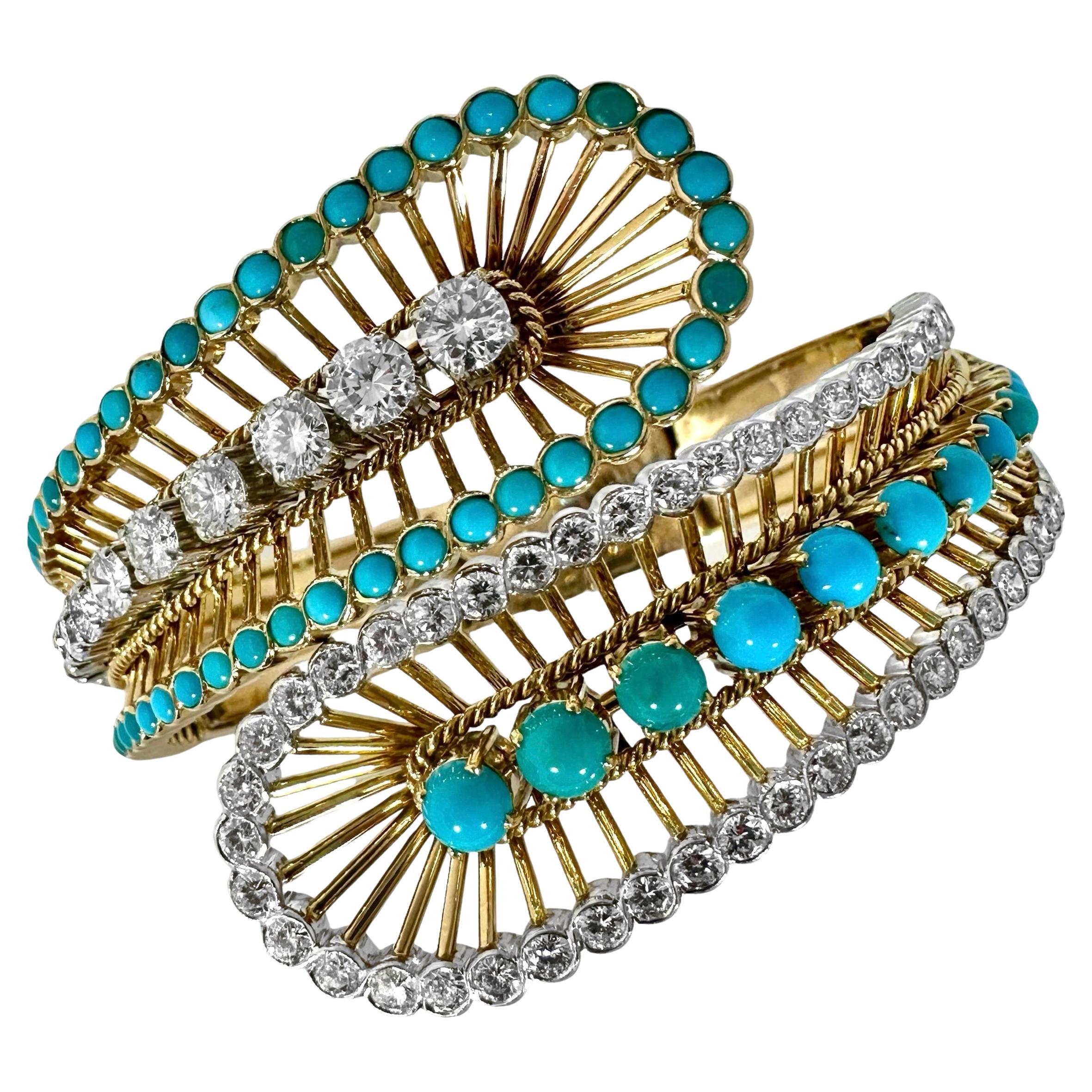 Elegant Wide Bypass Cuff in Gold, Turquoise & Diamonds by Greek Maker VOURAKIS 