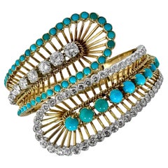 Elegant Wide Bypass Cuff in Gold, Turquoise & Diamonds by Greek Maker VOURAKIS 