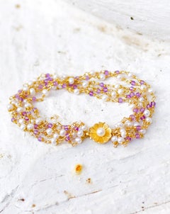 Elegant Wire Wrapped Freshwater Pearl and Amethyst Bracelet with 14K Yellow Gold
