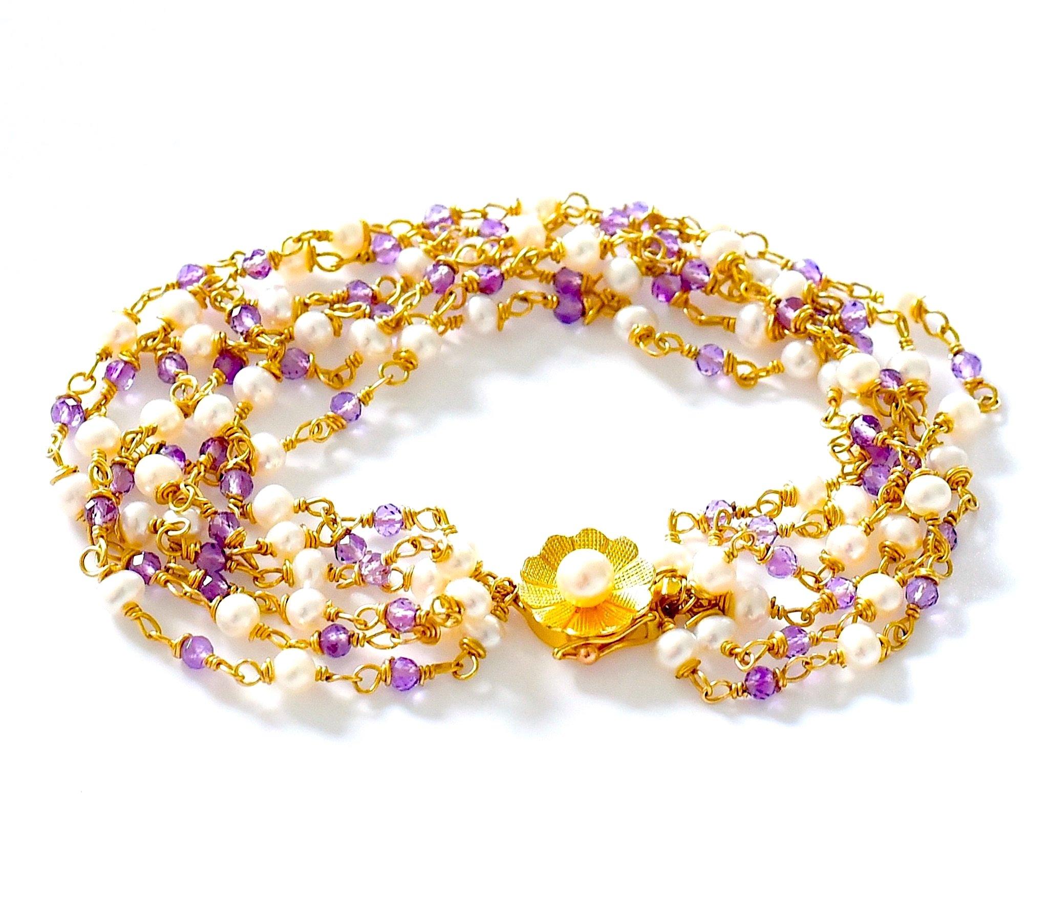 Elegant Wire Wrapped Freshwater Pearl and Amethyst Bracelet with 14K Yellow Gold In New Condition In Astoria, NY