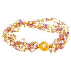 Elegant Wire Wrapped Freshwater Pearl and Amethyst Bracelet with 14K Yellow Gold
