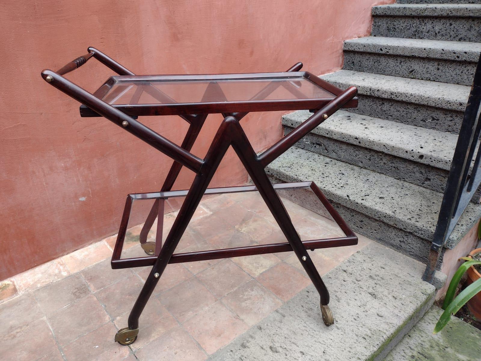 Lacquered Elegant Wood and Glass Bar Cart Italy, 1950s For Sale