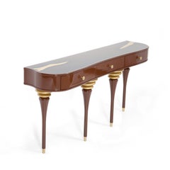Élégante console romantique Art Déco en bois marron, noir et blanc avec laiton et or