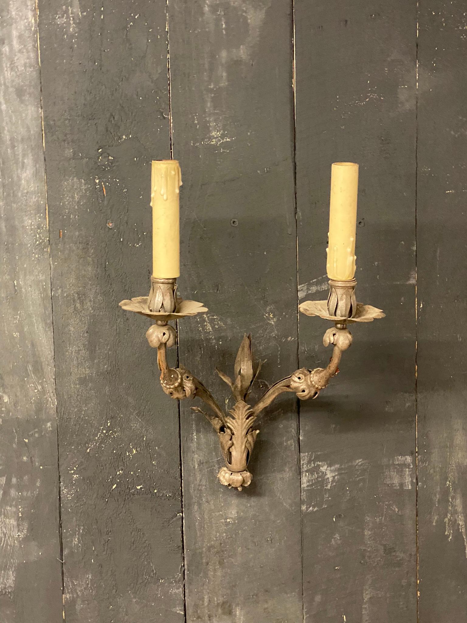 Neoclassical Elegant Wrought Iron Sconces from a Chateau in Central France, circa 1940/1950 For Sale