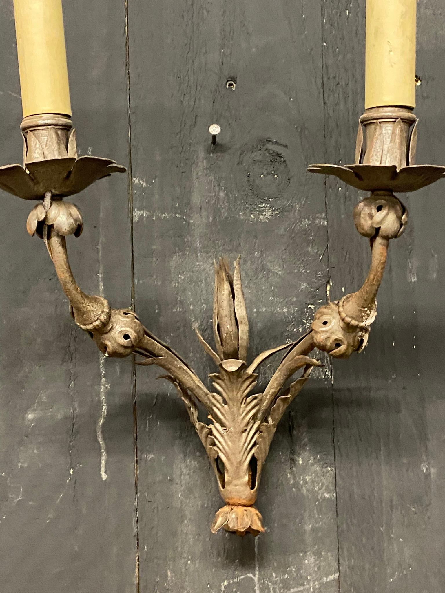 French Elegant Wrought Iron Sconces from a Chateau in Central France, circa 1940/1950 For Sale