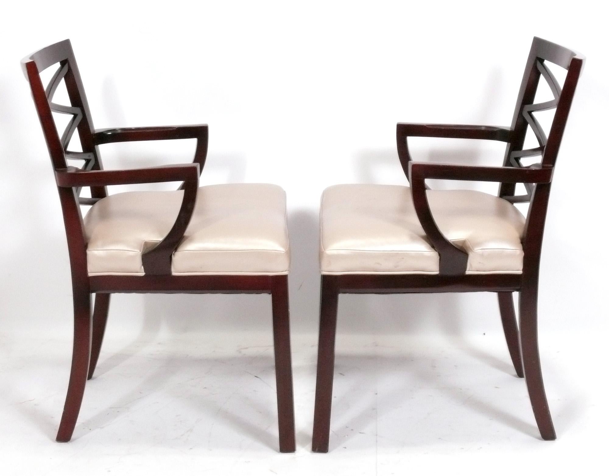 Set of Six Elegant X Back Dining Chairs, made by Councill, American, circa 2000s. They have an elegant X back design and are finished in a high gloss deep brown color finish. These chairs are currently being reupholstered and the price noted
