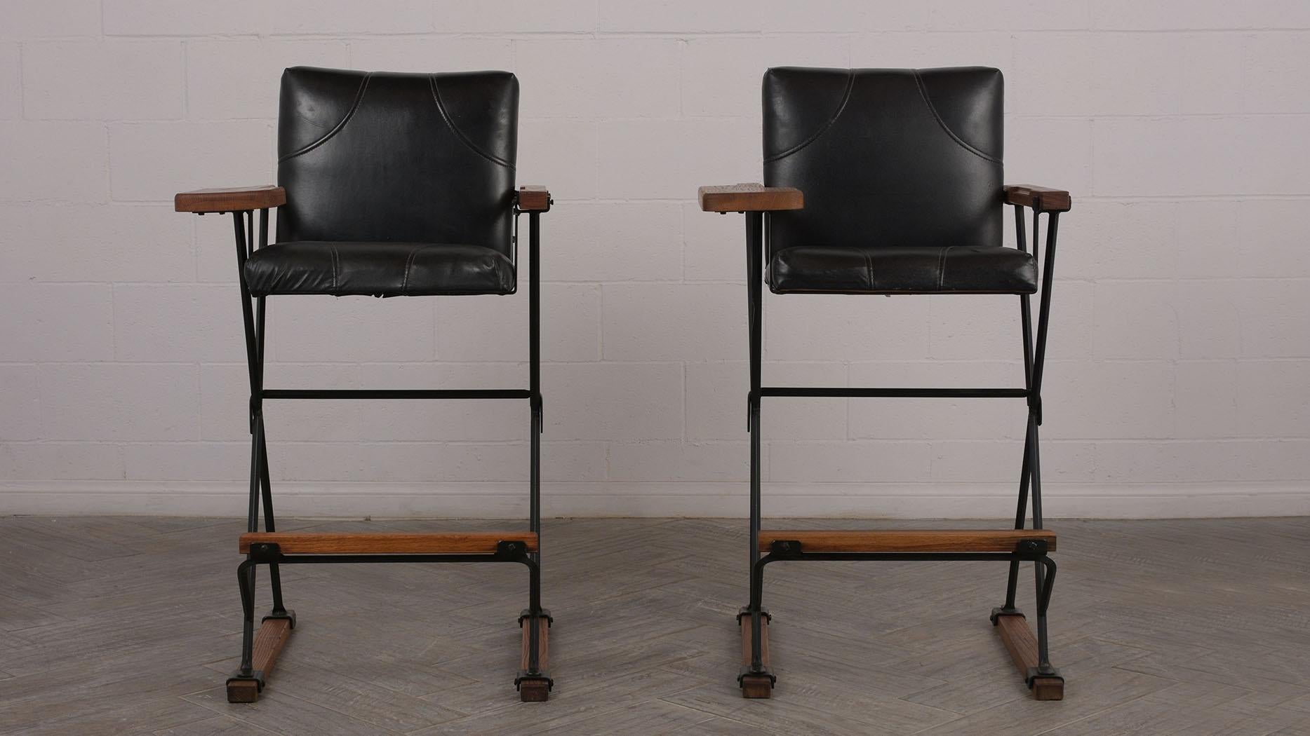 Modern Elegant X-Base Oak and Iron Billard Stools Designed by Cleo Baldon