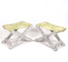 Elegant X Form Stools or Benches in Whitewashed Wood and Green Silk Fabric