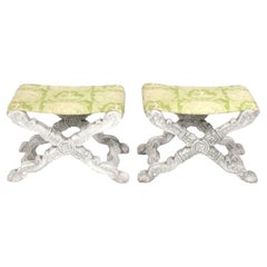 Elegant X Form Stools or Benches in Whitewashed Wood and Green Silk Fabric