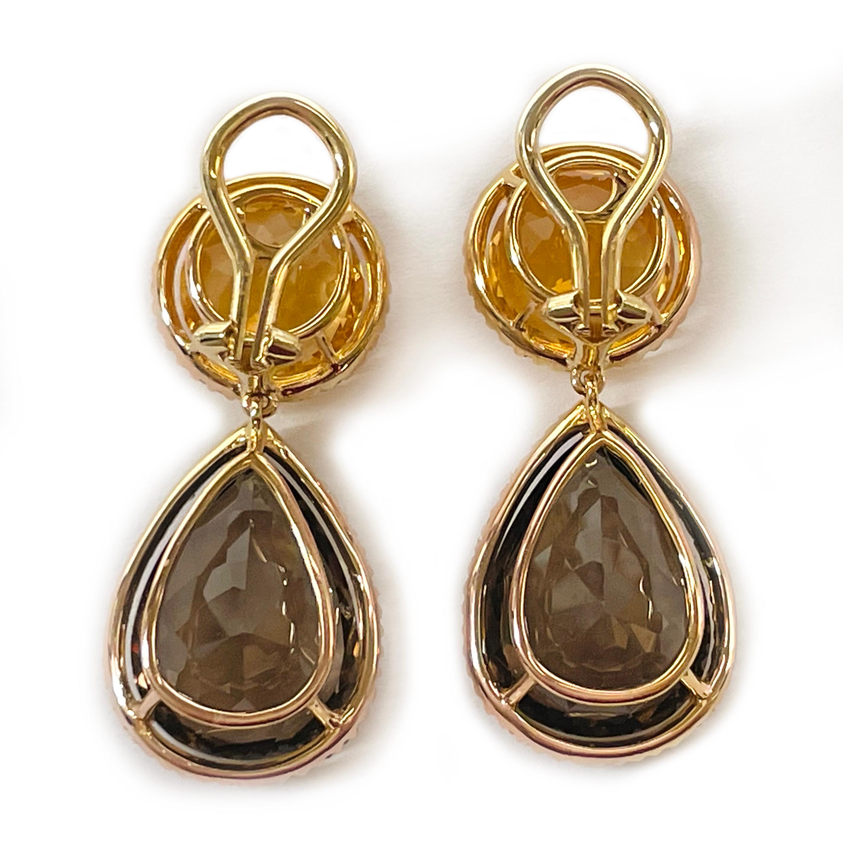 Eleganti orecchini in oro giallo con citrino, topazio fumé e accenti di diamante In condizioni buone in vendita a Palm Desert, CA