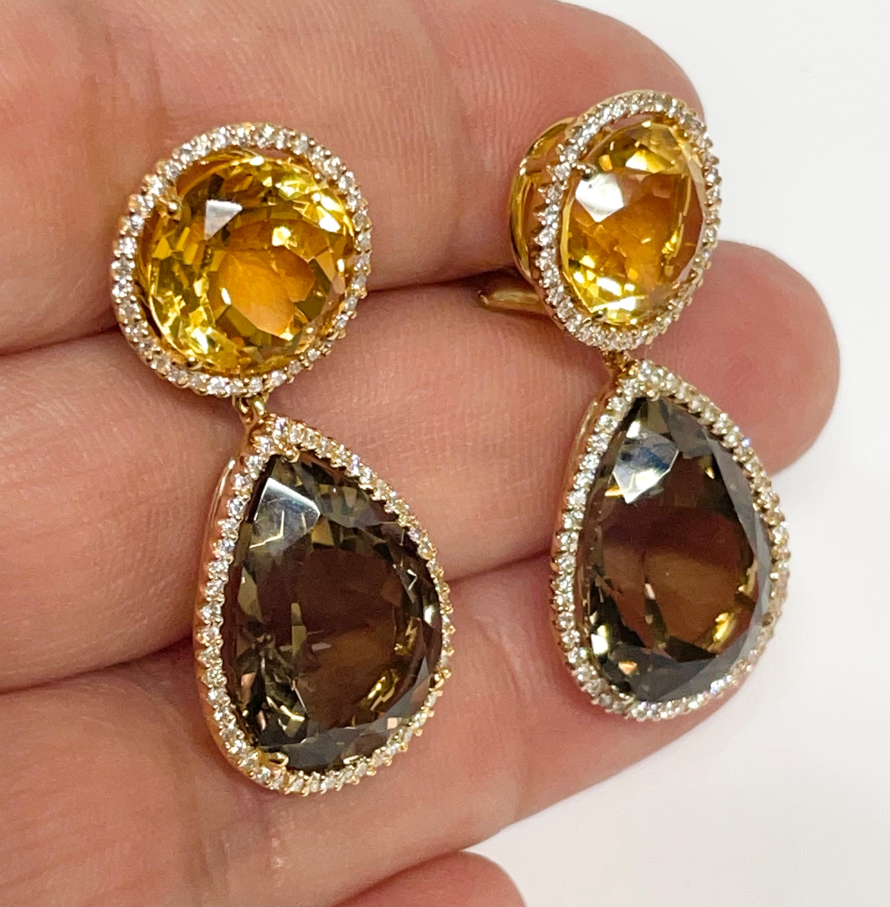 da uomo o donna Eleganti orecchini in oro giallo con citrino, topazio fumé e accenti di diamante in vendita