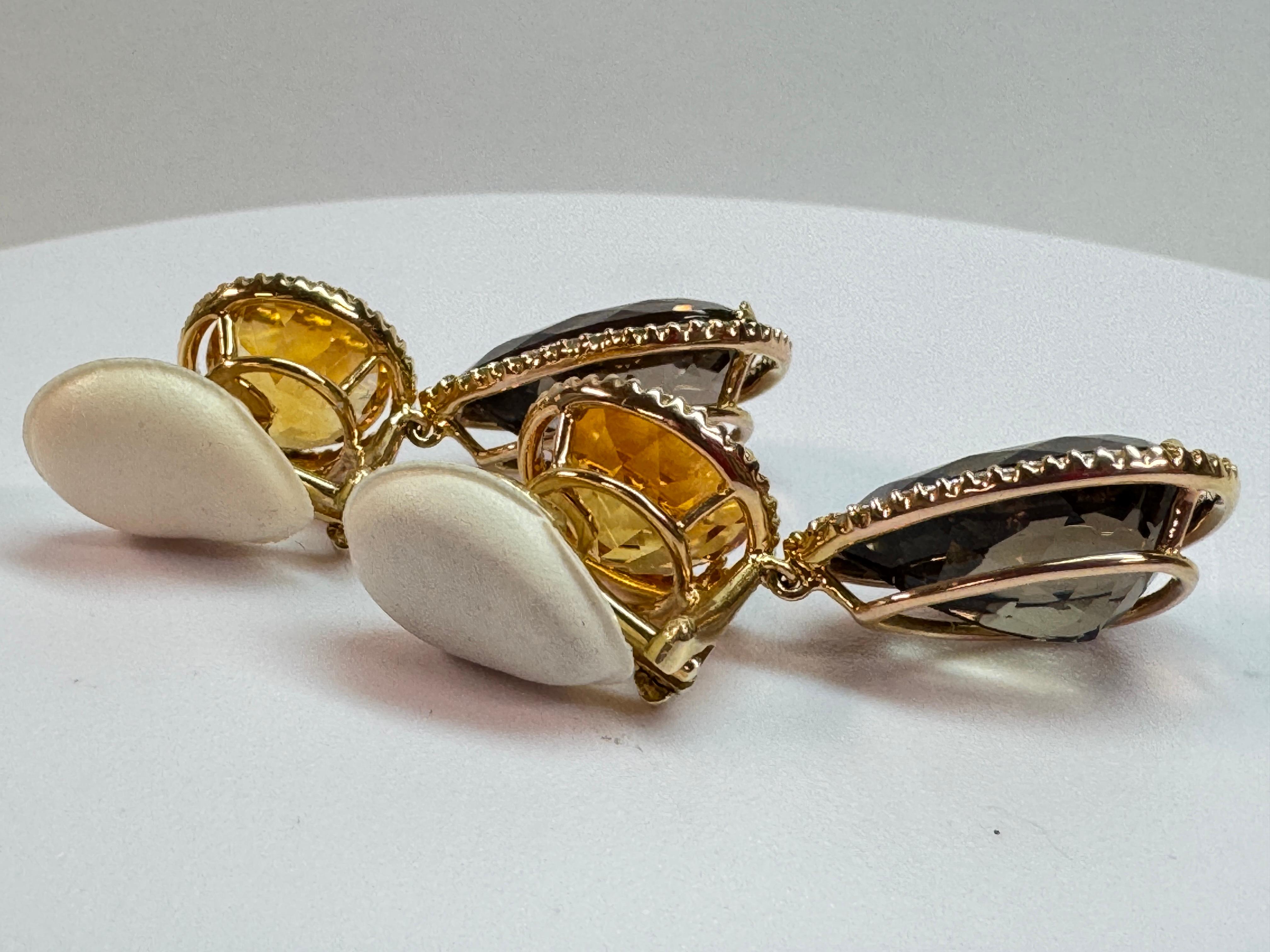 Eleganti orecchini in oro giallo con citrino, topazio fumé e accenti di diamante in vendita 3