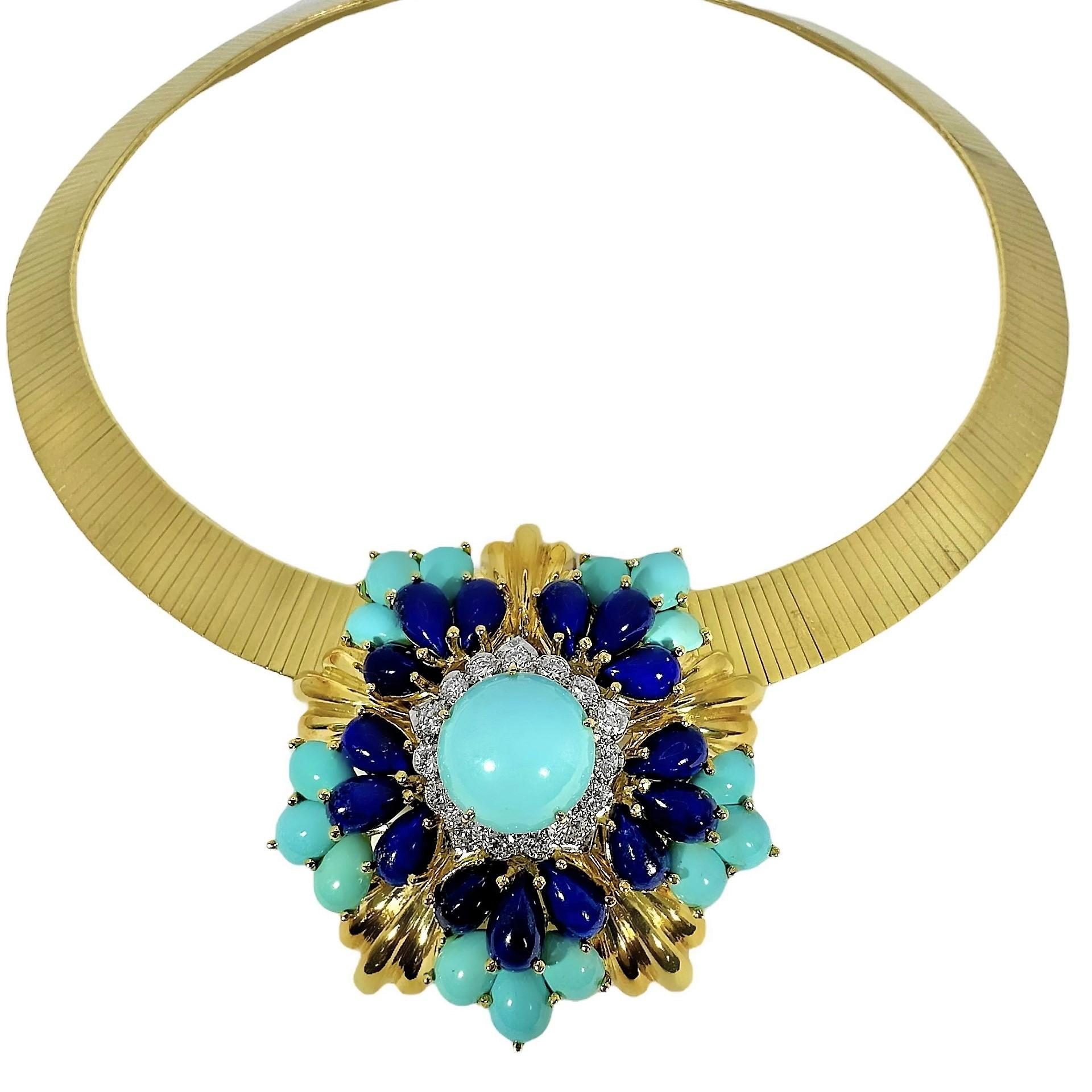 Modern Elegant, Yellow Gold, Turquoise, Lapis, and Diamond Large Pendant by Montclair For Sale