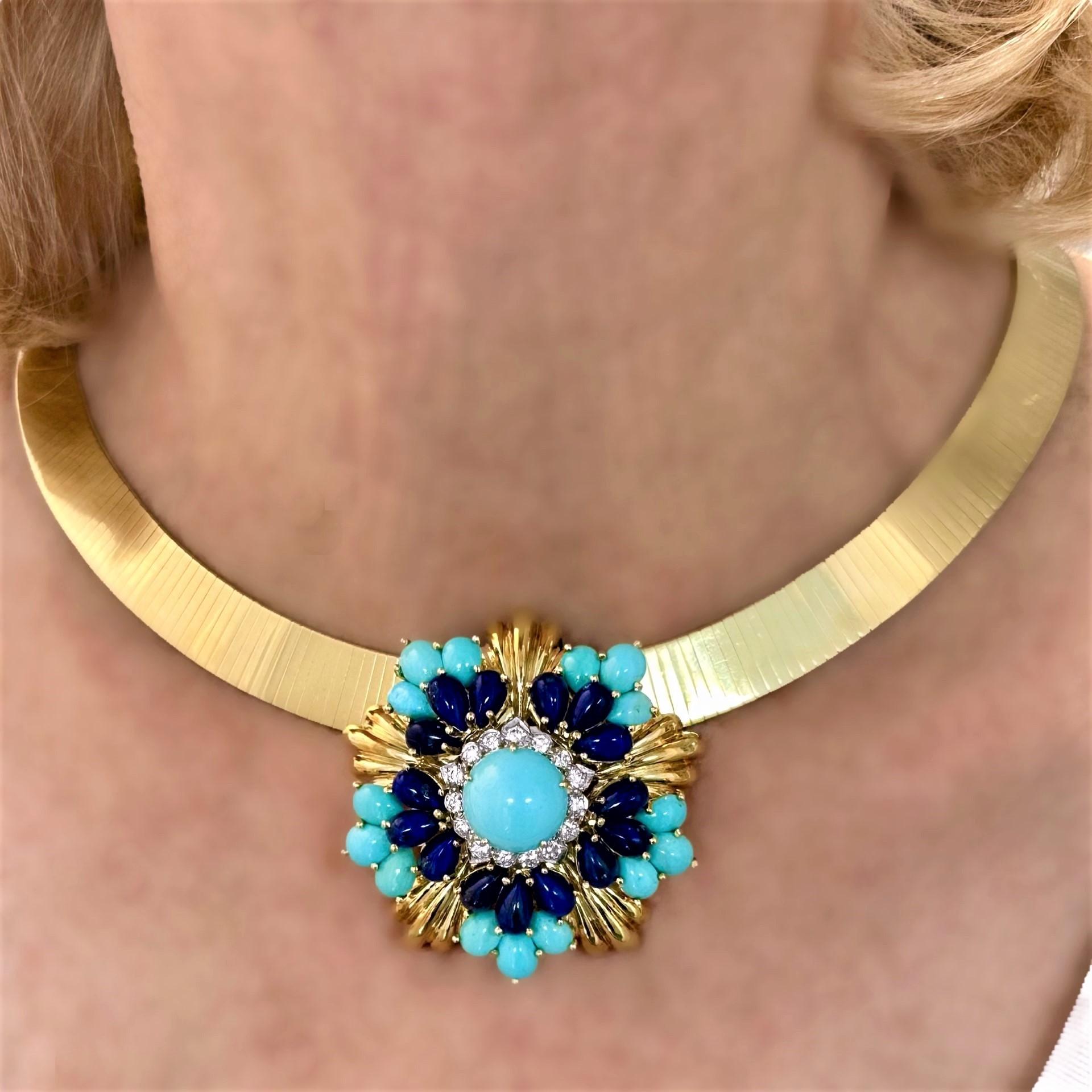 Elegant, Yellow Gold, Turquoise, Lapis, and Diamond Large Pendant by Montclair 3