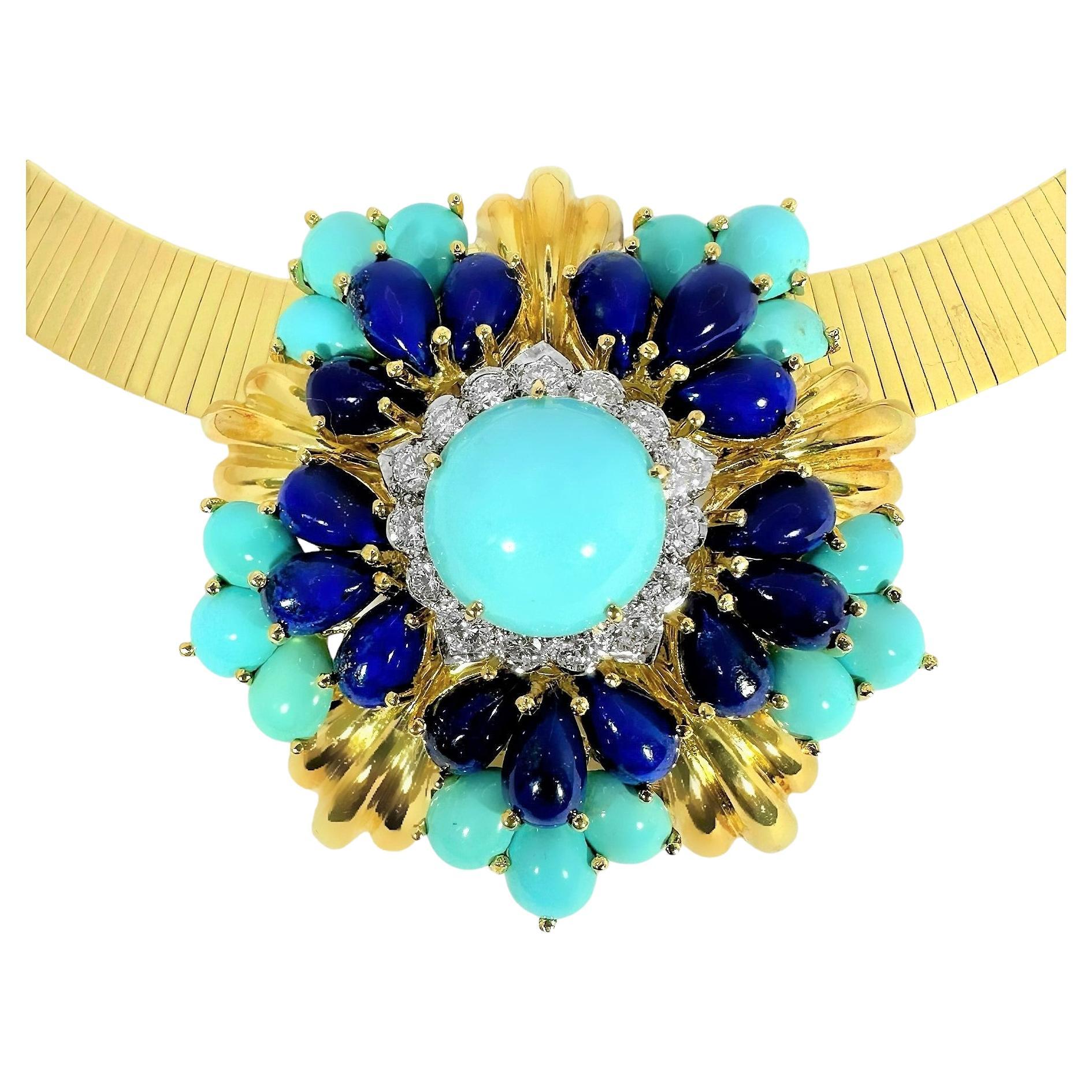 Elegant, Yellow Gold, Turquoise, Lapis, and Diamond Large Pendant by Montclair For Sale