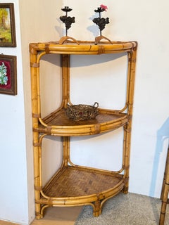 Elegant natural bamboo corner piece with three shelves, "Natural Chic," 1970s