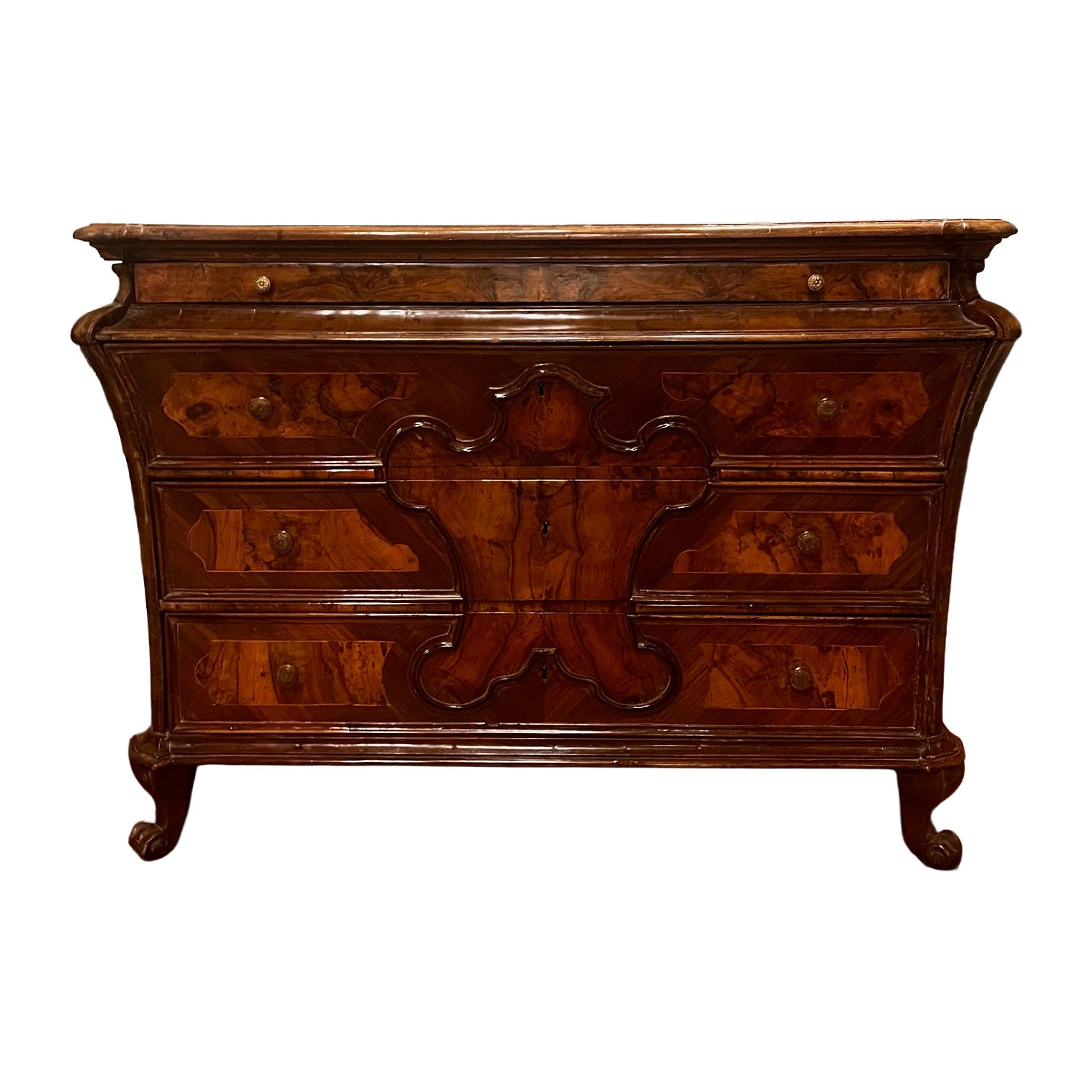 Elegante comò cassettiera lombarda in noce e radica di noce, Italia en venta