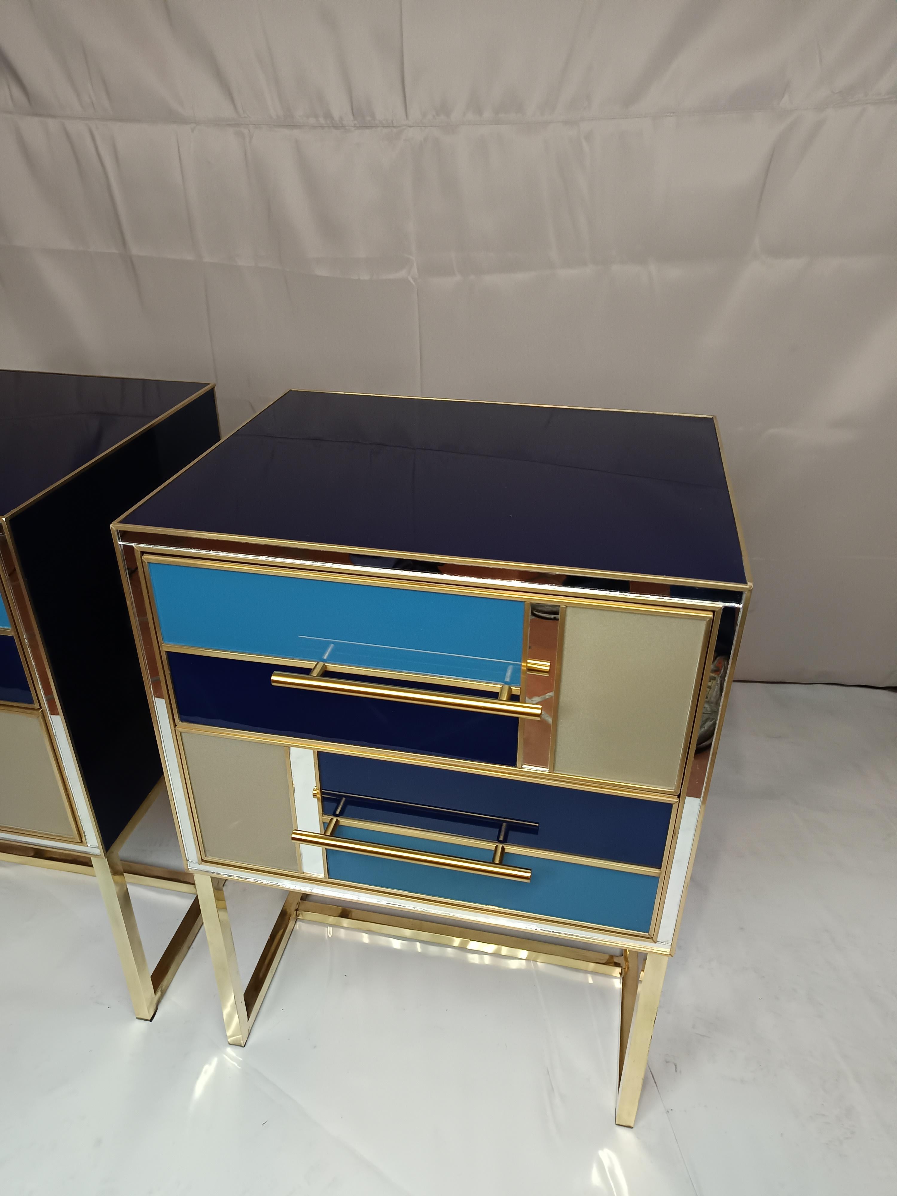 Coppia Comodini wood , blu oro e specchio con piede in ottone  For Sale 3