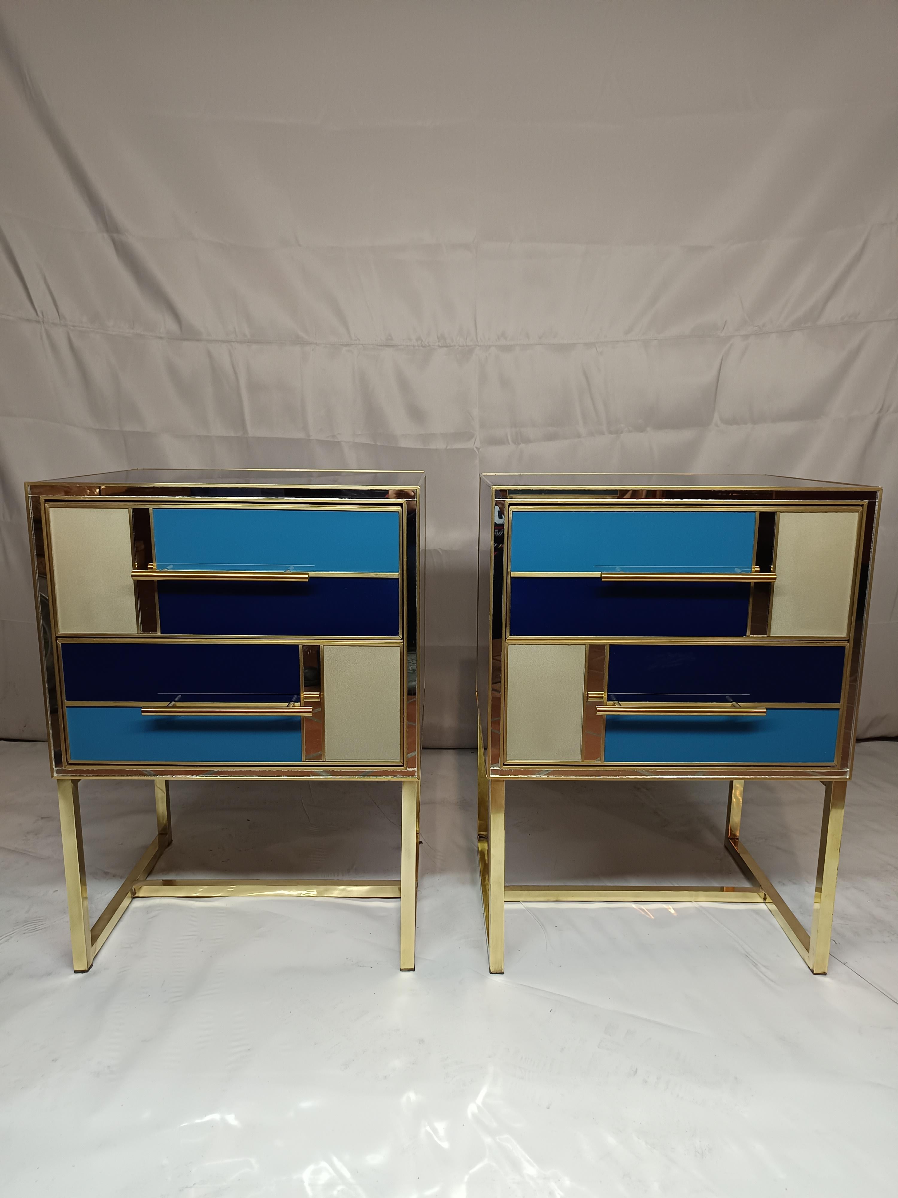 Coppia Comodini wood , blu oro e specchio con piede in ottone  For Sale 4