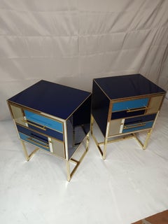 Coppia Comodini wood , blu oro e specchio con piede in ottone