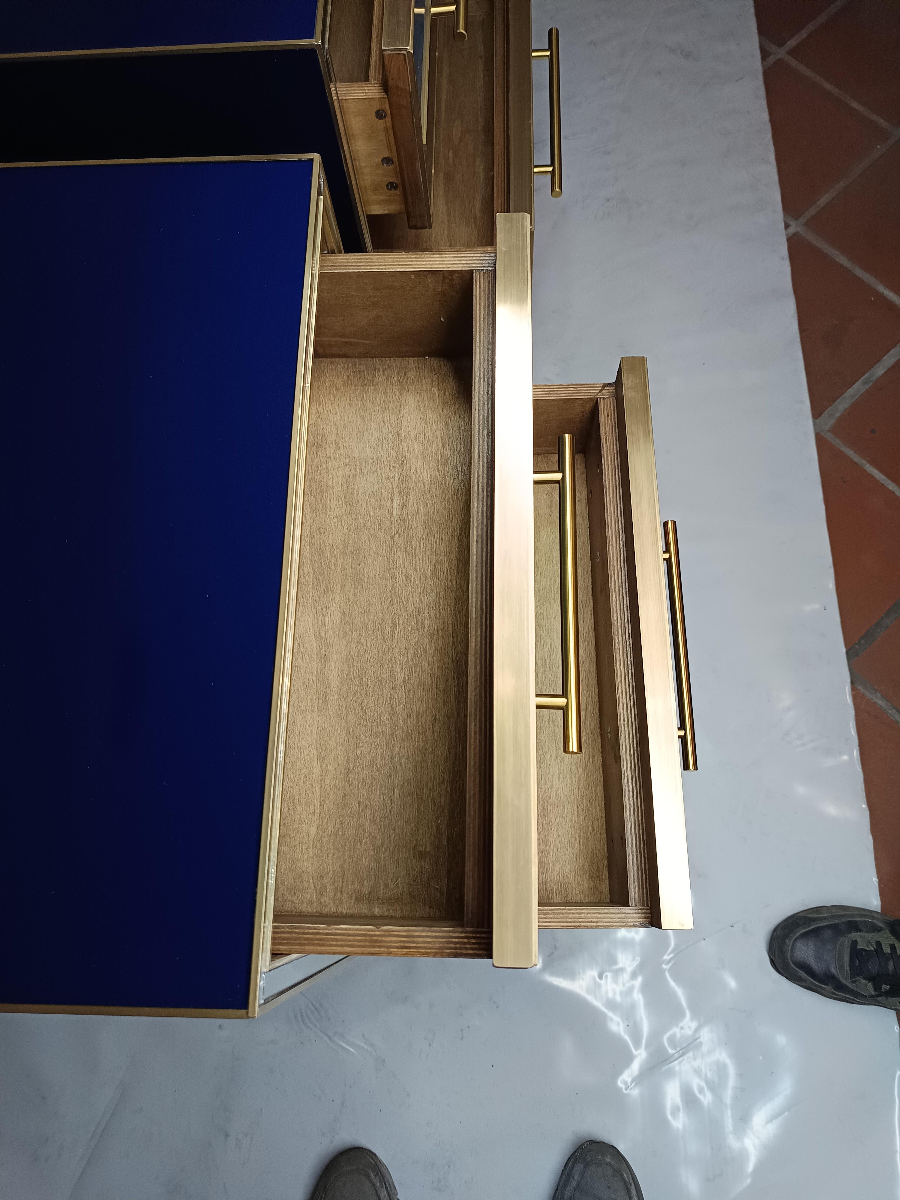 Contemporary Coppia Comodini wood , blu oro e specchio con piede in ottone  For Sale