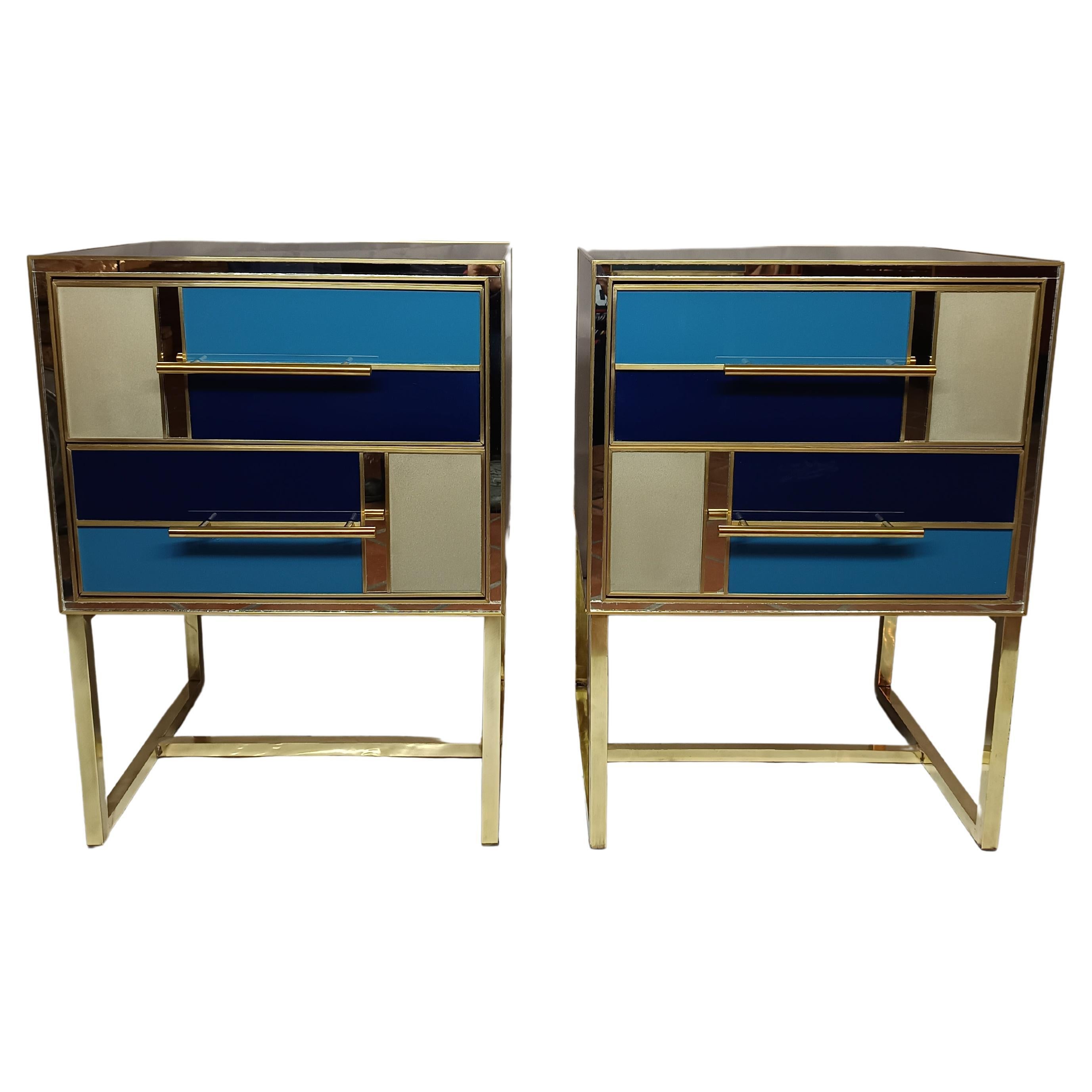 Coppia Comodini wood , blu oro e specchio con piede in ottone 