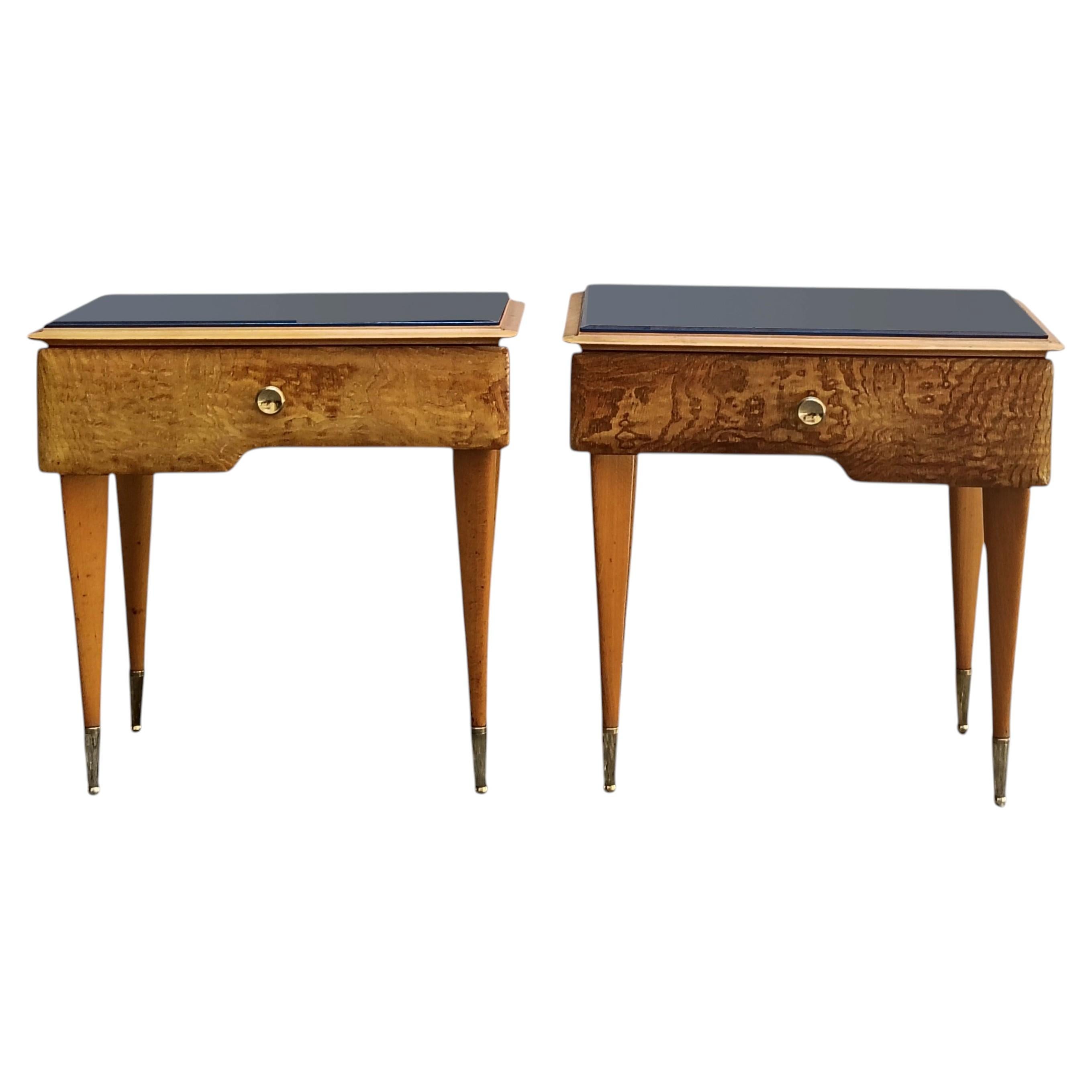 Elegant Pair of Burl Wood Nightstands with Glass Tops, Italy, 1950s