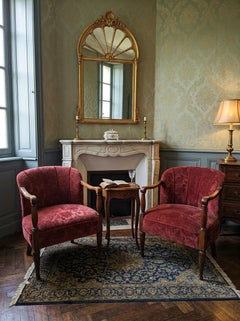 Elegante Coppia di Poltrone Vintage Anni '60 in Rovere e Velluto Damascato