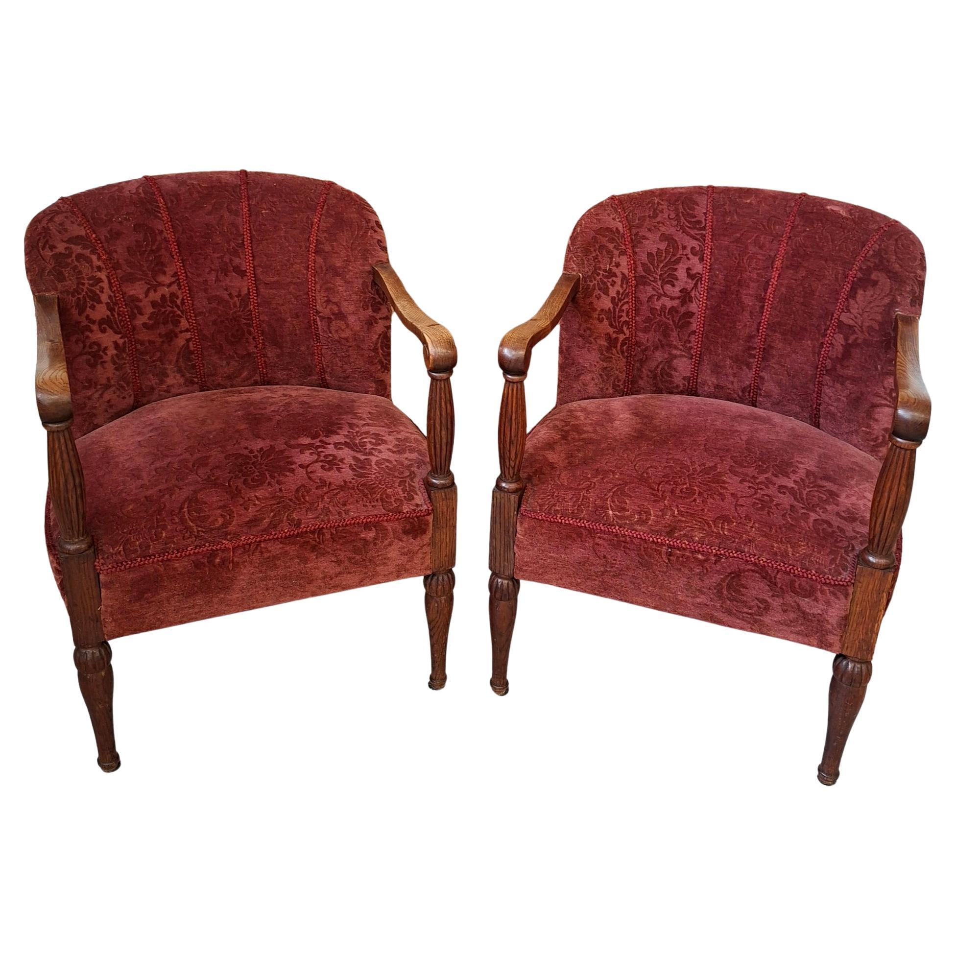 Elegante Coppia di Poltrone Vintage Anni '60 in Rovere e Velluto Damascato
