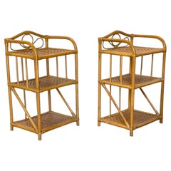 Élégante paire de tables basses en bambou et rotin à 3 étagères, années 70