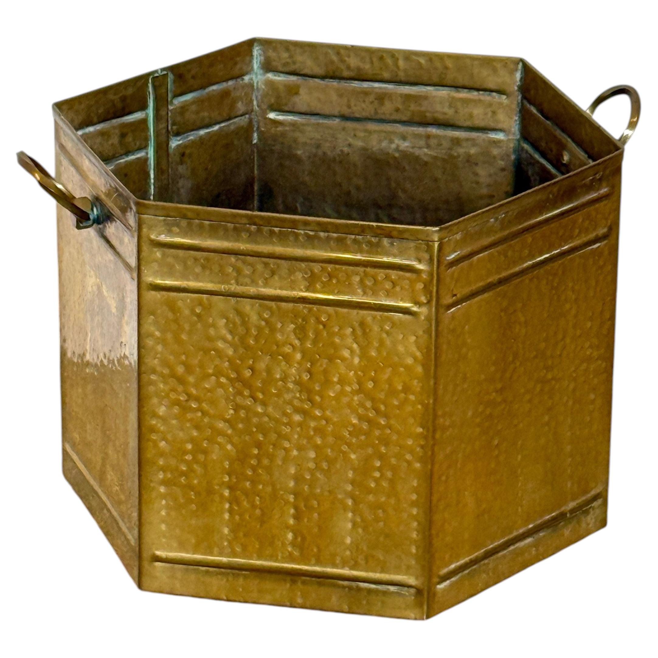Elegant hammered brass planter, "Hexagonal Elegance," 1970s For Sale