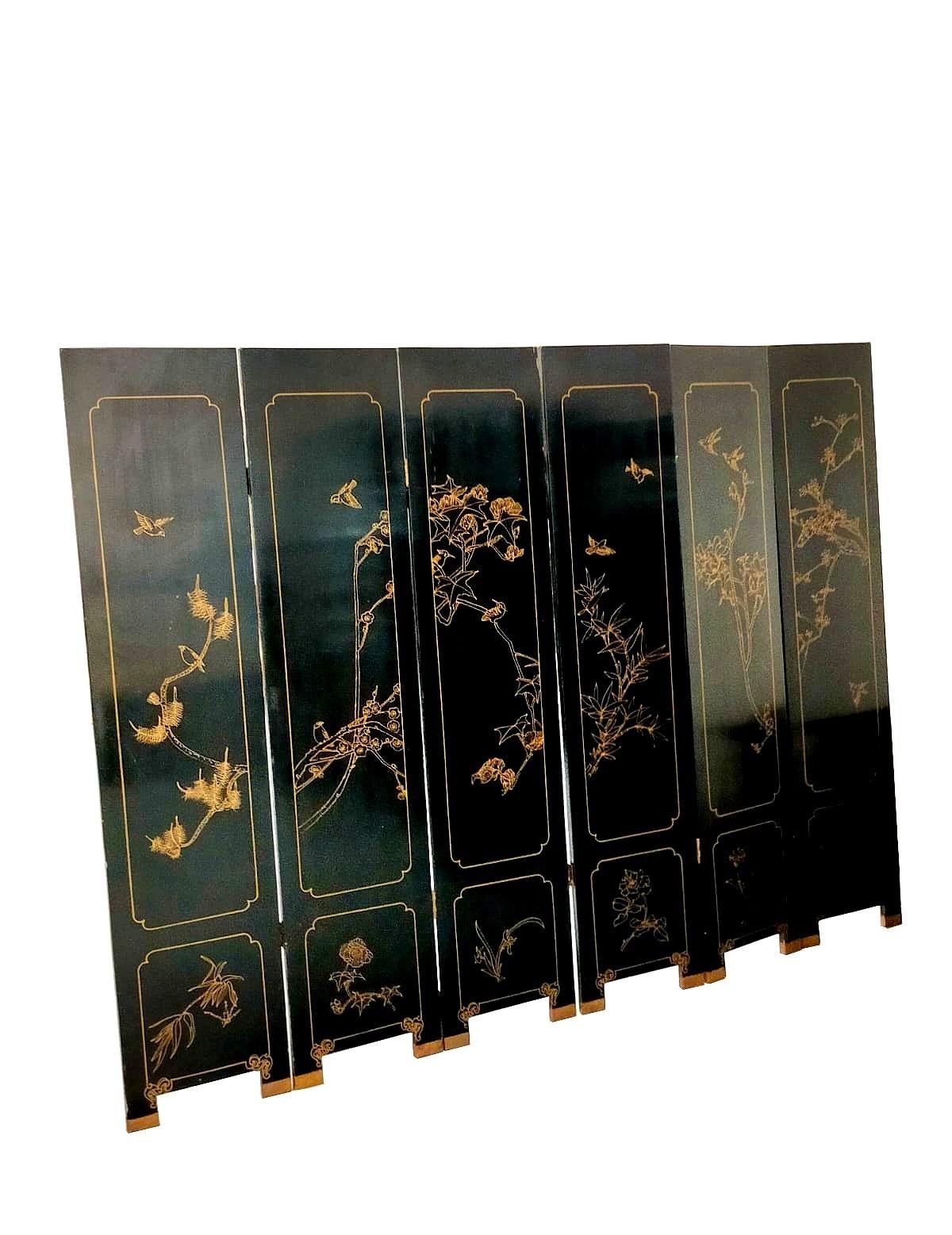 Hand-Carved Elegant Six-Panel Japanese Screen, 1920s For Sale