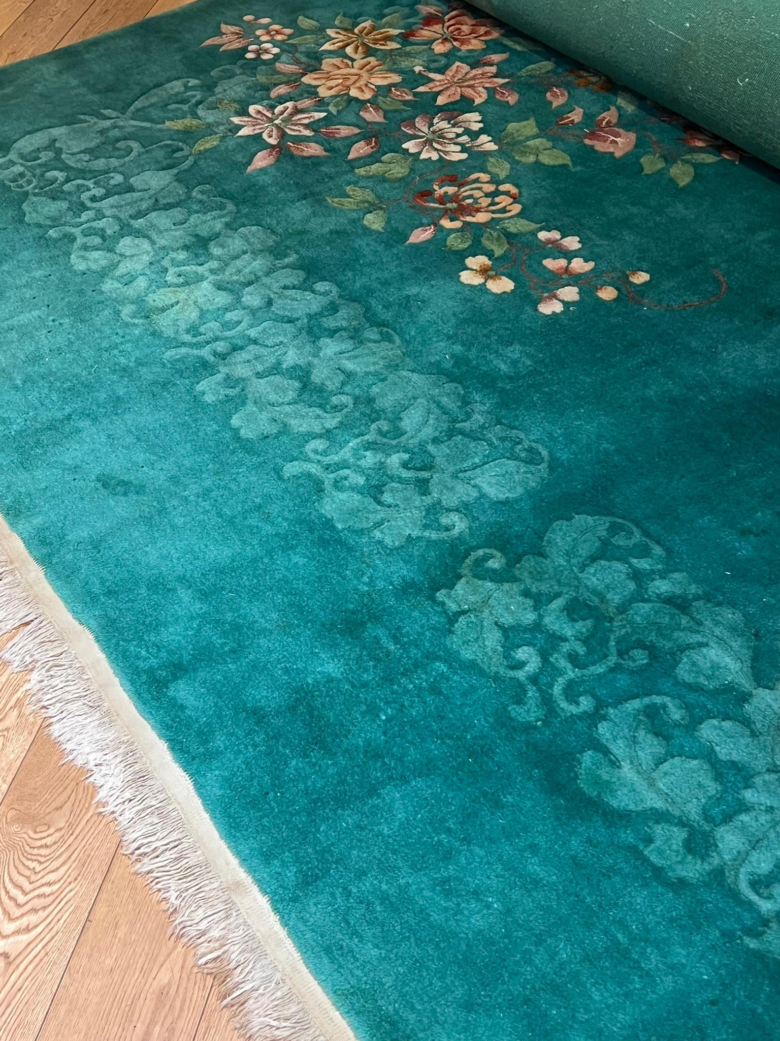 Hand-Knotted elegant emerald green carpet with cascades of flowers and ton sur ton decoration For Sale