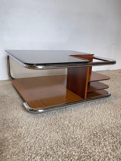Elegant coffee table made of wood, steel, and glass, "Nexus," 1970s