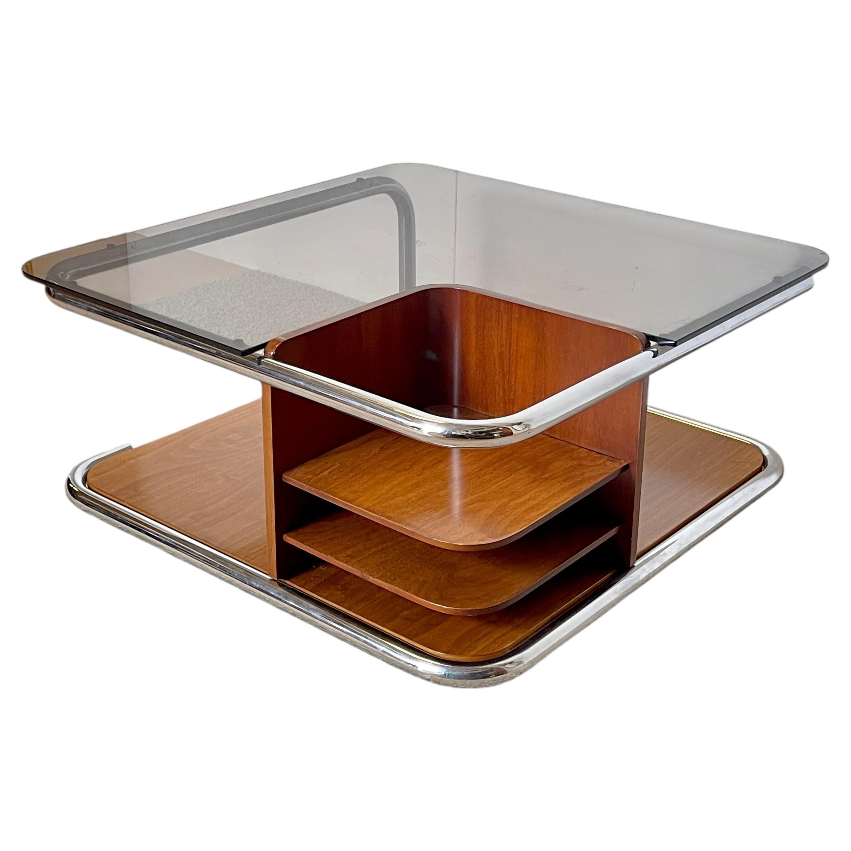 Élégante table basse de salon en bois, acier et verre, « Nexus », années 70