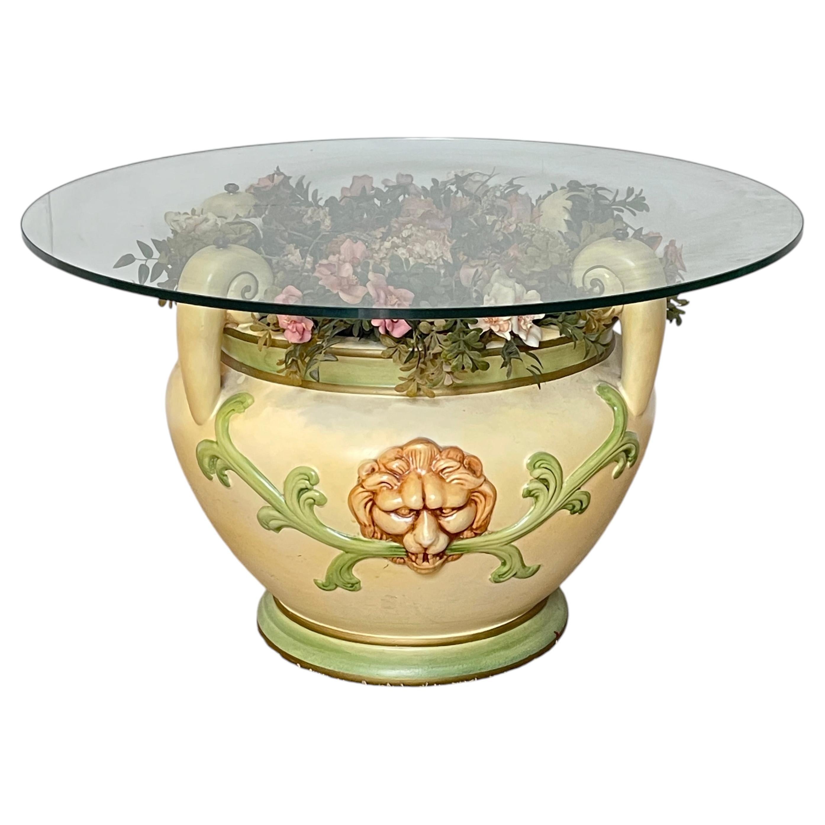 Elegant glass and ceramic coffee table, "Lion's Garden," 1970s For Sale