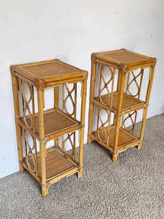 An elegant pair of bamboo and rattan side tables—"Tropical Chic" style, 1970s