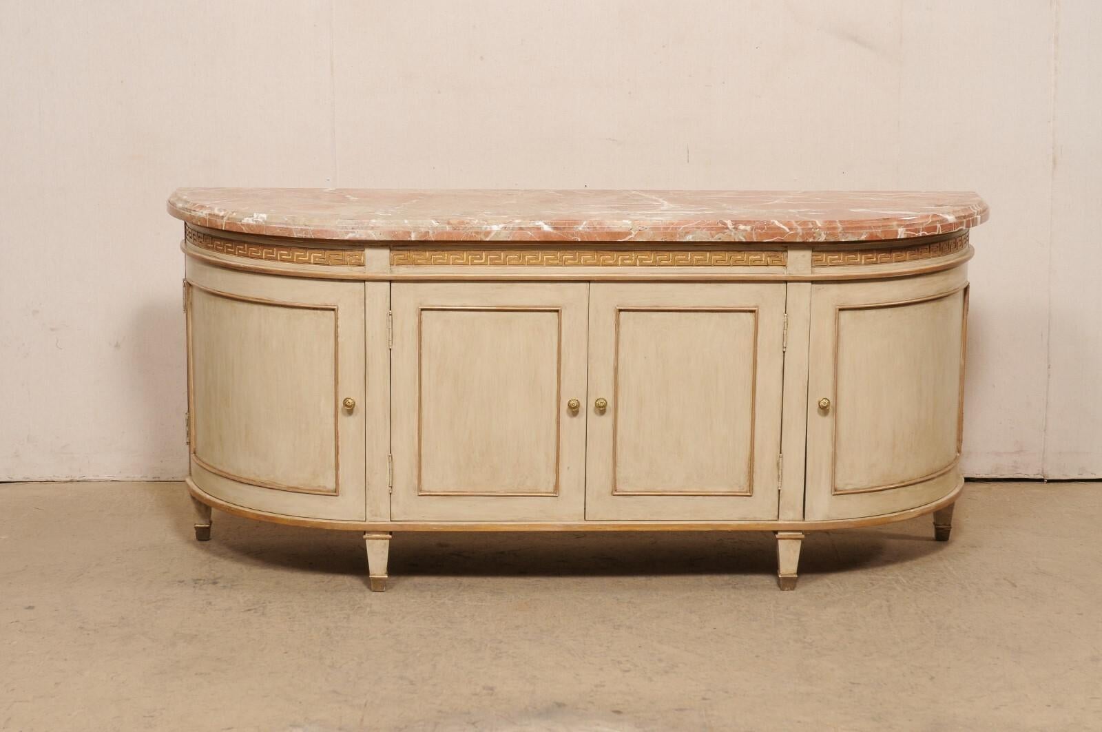 Elegantly Bowed French Marble Top Buffet Console Cabinet w/Greek Key Accents For Sale 6