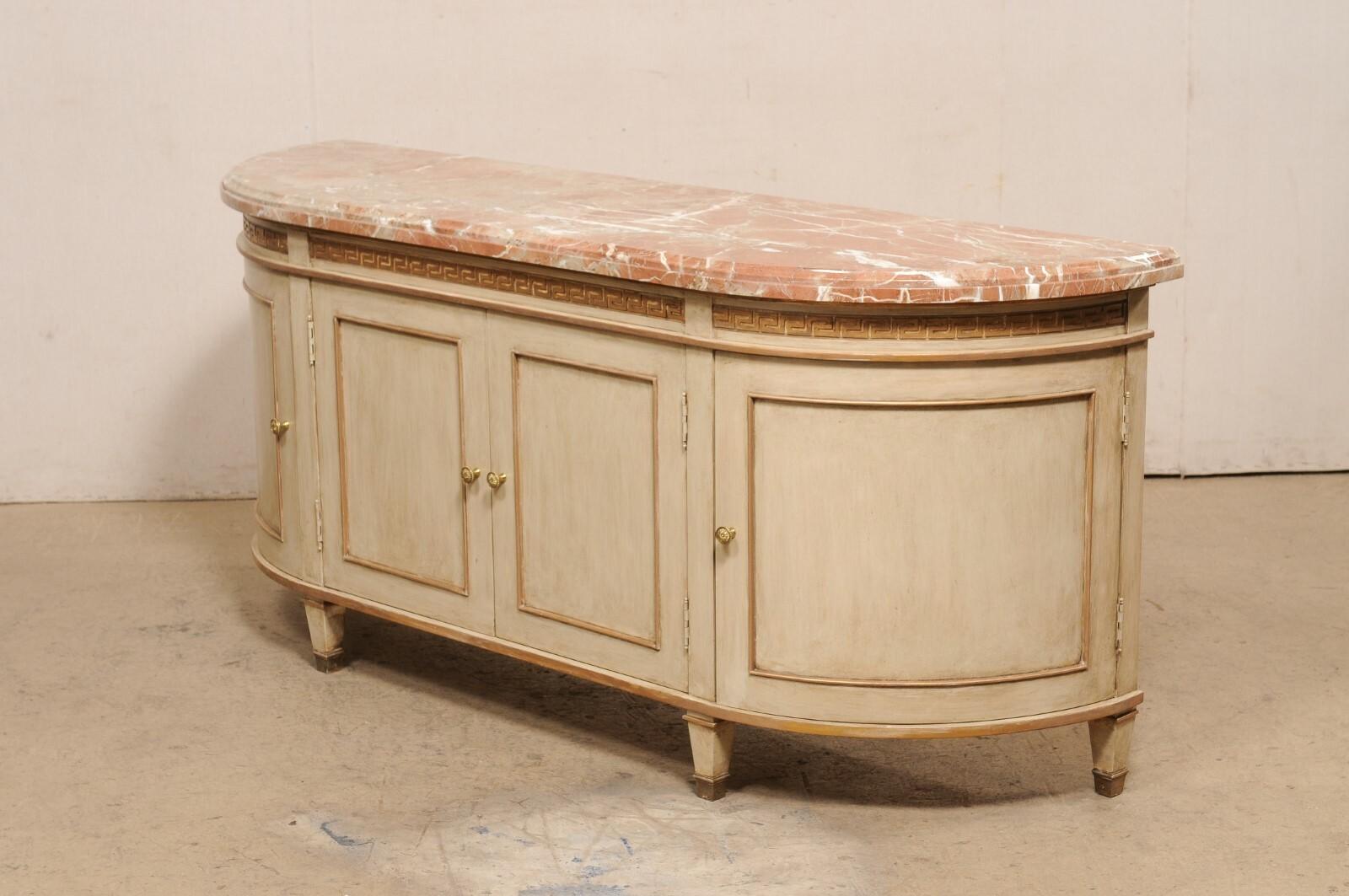 Elegantly Bowed French Marble Top Buffet Console Cabinet w/Greek Key Accents For Sale 7