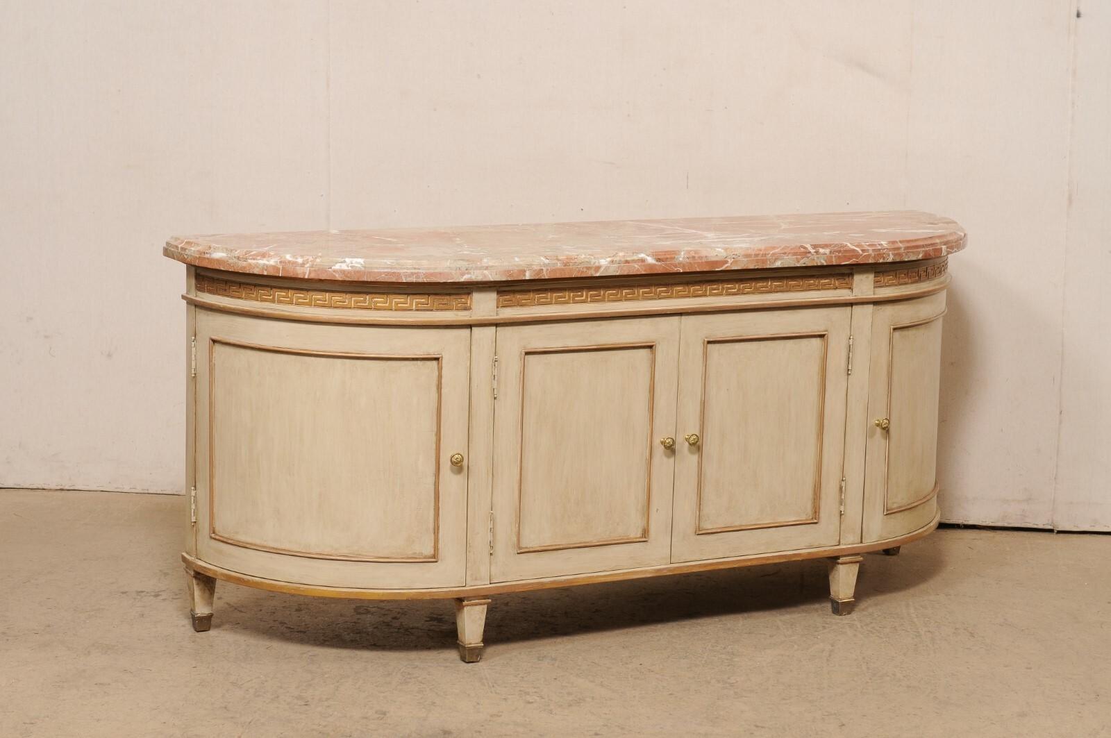 Elegantly Bowed French Marble Top Buffet Console Cabinet w/Greek Key Accents In Good Condition For Sale In Atlanta, GA