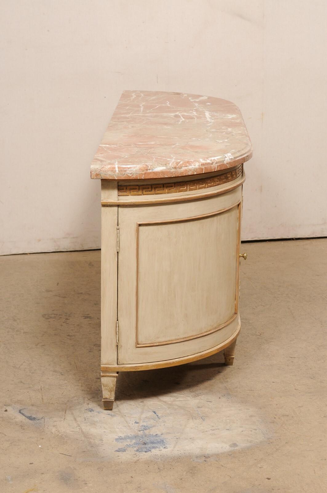 Elegantly Bowed French Marble Top Buffet Console Cabinet w/Greek Key Accents For Sale 1